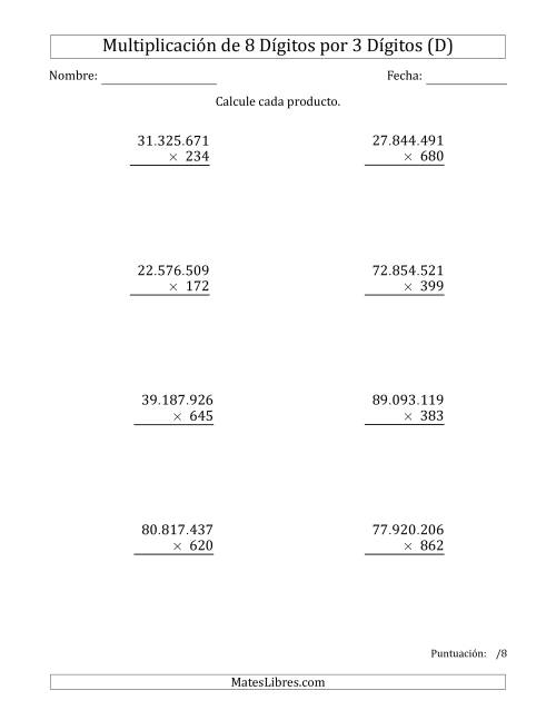 La hoja de ejercicios de Multiplicar Números de 8 Dígitos por 3 Dígitos Usando Puntos como Separadores de Millares (D)