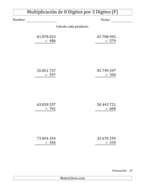 La hoja de ejercicios de Multiplicar Números de 8 Dígitos por 3 Dígitos Usando Puntos como Separadores de Millares (F)