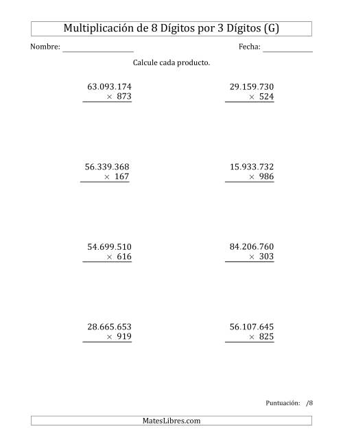 La hoja de ejercicios de Multiplicar Números de 8 Dígitos por 3 Dígitos Usando Puntos como Separadores de Millares (G)