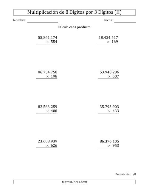 La hoja de ejercicios de Multiplicar Números de 8 Dígitos por 3 Dígitos Usando Puntos como Separadores de Millares (H)