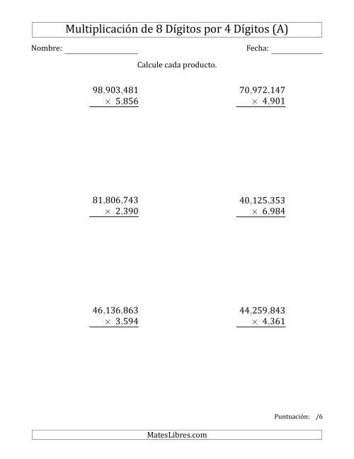 La hoja de ejercicios de Multiplicar Números de 8 Dígitos por 4 Dígitos Usando Comas como Separadores de Millares (A)