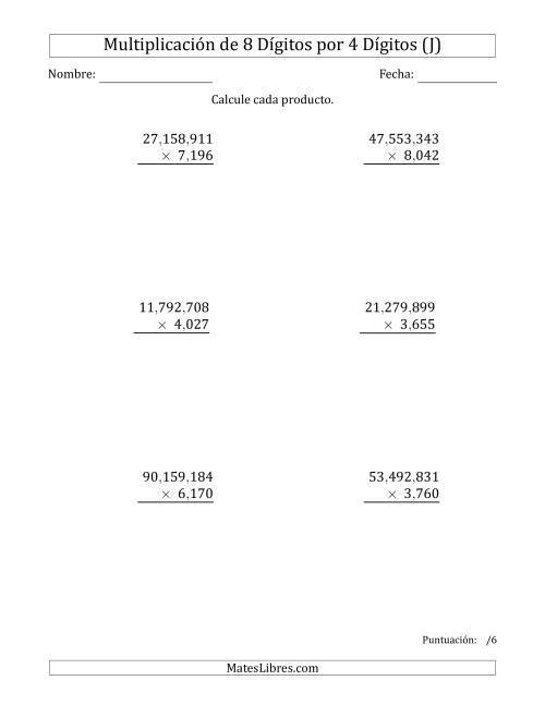 La hoja de ejercicios de Multiplicar Números de 8 Dígitos por 4 Dígitos Usando Comas como Separadores de Millares (J)