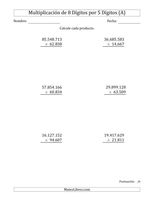 La hoja de ejercicios de Multiplicar Números de 8 Dígitos por 5 Dígitos Usando Comas como Separadores de Millares (A)