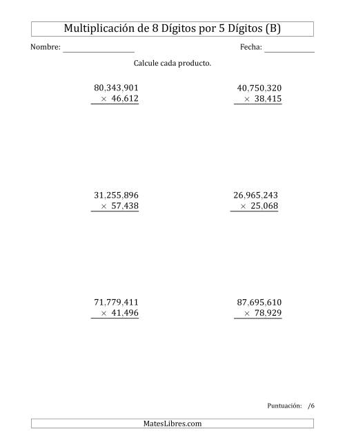 La hoja de ejercicios de Multiplicar Números de 8 Dígitos por 5 Dígitos Usando Comas como Separadores de Millares (B)