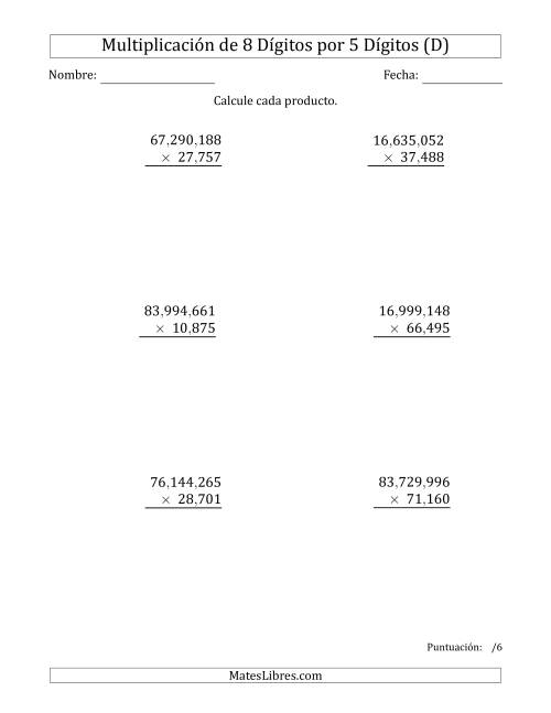 La hoja de ejercicios de Multiplicar Números de 8 Dígitos por 5 Dígitos Usando Comas como Separadores de Millares (D)