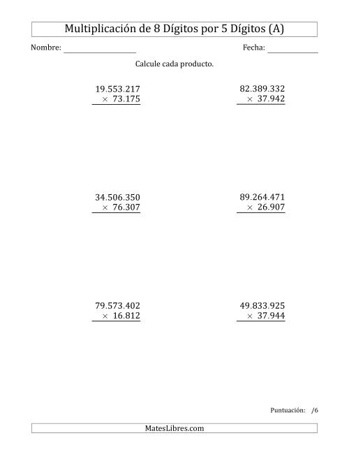 La hoja de ejercicios de Multiplicar Números de 8 Dígitos por 5 Dígitos Usando Puntos como Separadores de Millares (A)