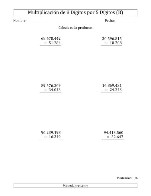 La hoja de ejercicios de Multiplicar Números de 8 Dígitos por 5 Dígitos Usando Puntos como Separadores de Millares (B)