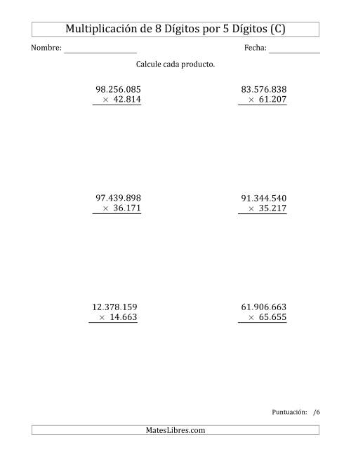 La hoja de ejercicios de Multiplicar Números de 8 Dígitos por 5 Dígitos Usando Puntos como Separadores de Millares (C)