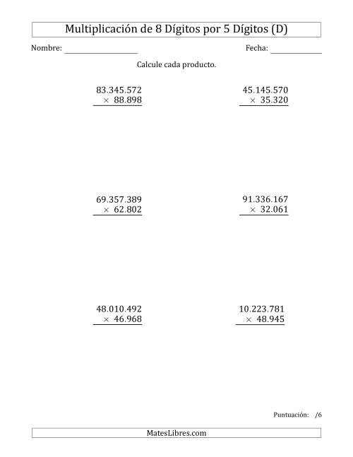 La hoja de ejercicios de Multiplicar Números de 8 Dígitos por 5 Dígitos Usando Puntos como Separadores de Millares (D)