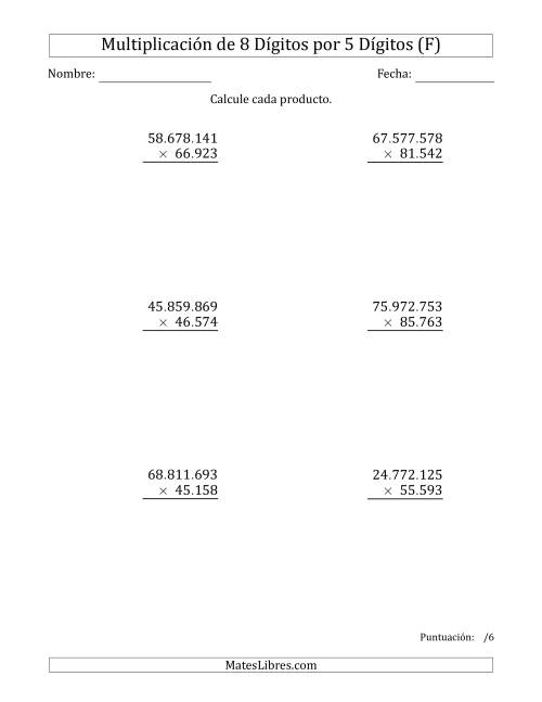 La hoja de ejercicios de Multiplicar Números de 8 Dígitos por 5 Dígitos Usando Puntos como Separadores de Millares (F)