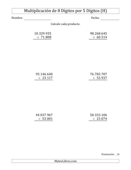 La hoja de ejercicios de Multiplicar Números de 8 Dígitos por 5 Dígitos Usando Puntos como Separadores de Millares (H)