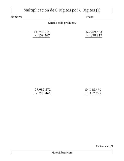 La hoja de ejercicios de Multiplicar Números de 8 Dígitos por 6 Dígitos Usando Puntos como Separadores de Millares (I)