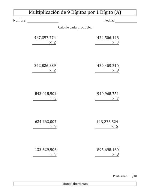 La hoja de ejercicios de Multiplicar Números de 9 Dígitos por 1 Dígito Usando Comas como Separadores de Millares (A)