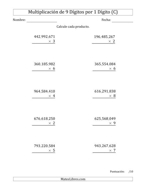 La hoja de ejercicios de Multiplicar Números de 9 Dígitos por 1 Dígito Usando Comas como Separadores de Millares (C)