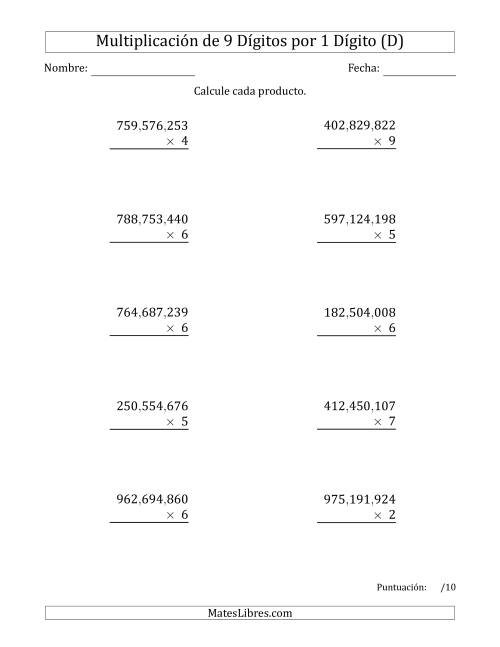 La hoja de ejercicios de Multiplicar Números de 9 Dígitos por 1 Dígito Usando Comas como Separadores de Millares (D)