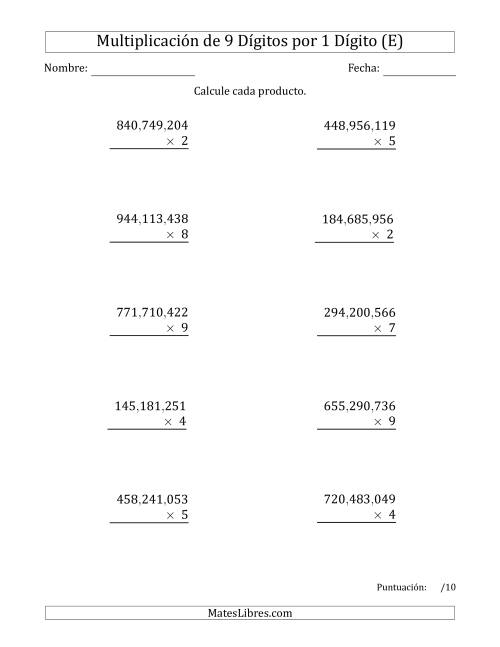 La hoja de ejercicios de Multiplicar Números de 9 Dígitos por 1 Dígito Usando Comas como Separadores de Millares (E)