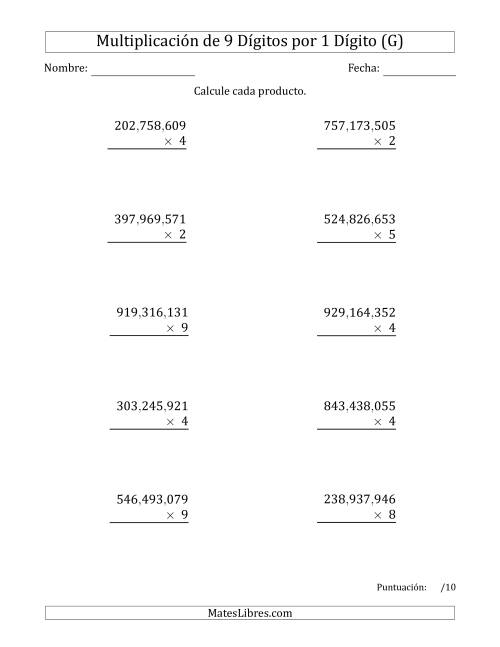 La hoja de ejercicios de Multiplicar Números de 9 Dígitos por 1 Dígito Usando Comas como Separadores de Millares (G)
