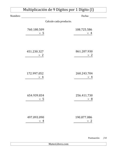La hoja de ejercicios de Multiplicar Números de 9 Dígitos por 1 Dígito Usando Comas como Separadores de Millares (I)