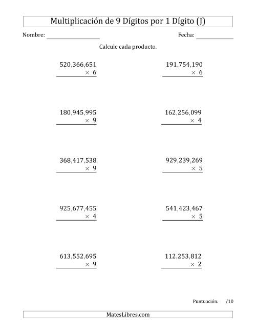 La hoja de ejercicios de Multiplicar Números de 9 Dígitos por 1 Dígito Usando Comas como Separadores de Millares (J)