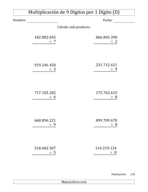 La hoja de ejercicios de Multiplicar Números de 9 Dígitos por 1 Dígito Usando Puntos como Separadores de Millares (D)