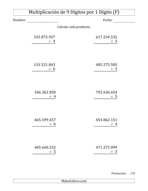 La hoja de ejercicios de Multiplicar Números de 9 Dígitos por 1 Dígito Usando Puntos como Separadores de Millares (F)