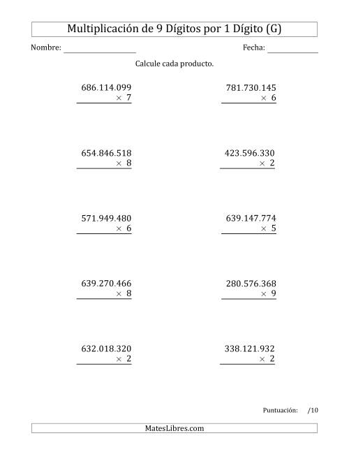 La hoja de ejercicios de Multiplicar Números de 9 Dígitos por 1 Dígito Usando Puntos como Separadores de Millares (G)