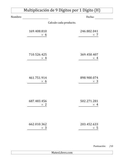La hoja de ejercicios de Multiplicar Números de 9 Dígitos por 1 Dígito Usando Puntos como Separadores de Millares (H)