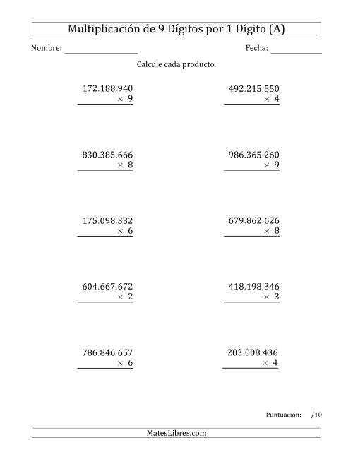 La hoja de ejercicios de Multiplicar Números de 9 Dígitos por 1 Dígito Usando Puntos como Separadores de Millares (Todas)