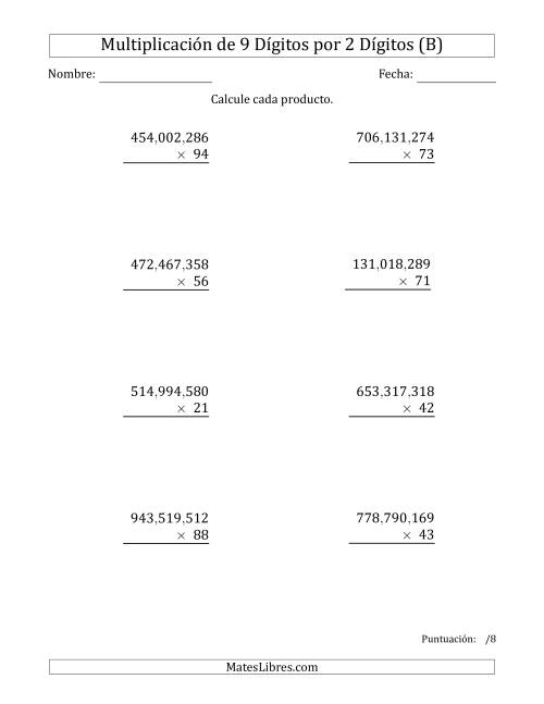 La hoja de ejercicios de Multiplicar Números de 9 Dígitos por 2 Dígitos Usando Comas como Separadores de Millares (B)
