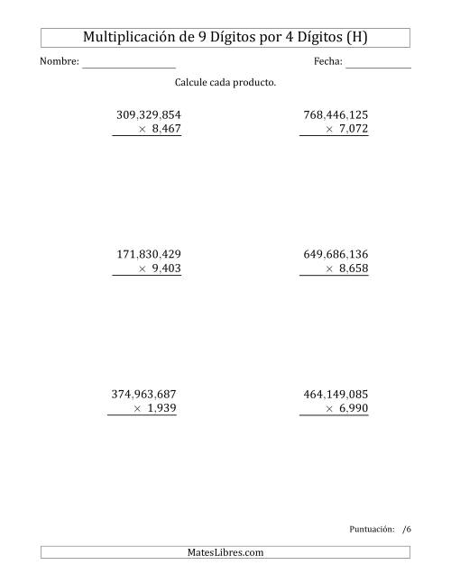 La hoja de ejercicios de Multiplicar Números de 9 Dígitos por 4 Dígitos Usando Comas como Separadores de Millares (H)