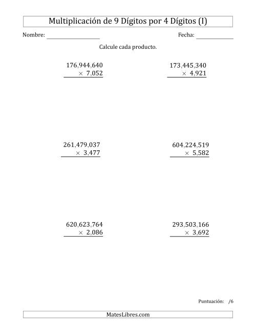 La hoja de ejercicios de Multiplicar Números de 9 Dígitos por 4 Dígitos Usando Comas como Separadores de Millares (I)