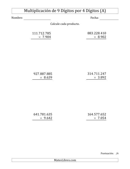 La hoja de ejercicios de Multiplicar Números de 9 Dígitos por 4 Dígitos Usando Puntos como Separadores de Millares (A)