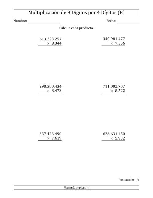 La hoja de ejercicios de Multiplicar Números de 9 Dígitos por 4 Dígitos Usando Puntos como Separadores de Millares (B)