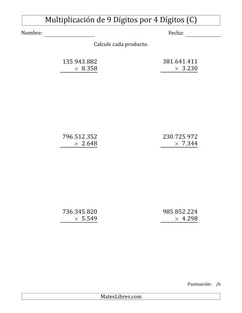 La hoja de ejercicios de Multiplicar Números de 9 Dígitos por 4 Dígitos Usando Puntos como Separadores de Millares (C)