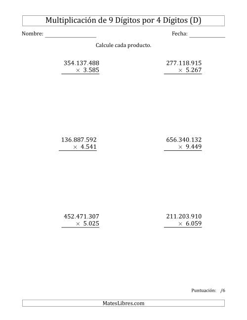 La hoja de ejercicios de Multiplicar Números de 9 Dígitos por 4 Dígitos Usando Puntos como Separadores de Millares (D)