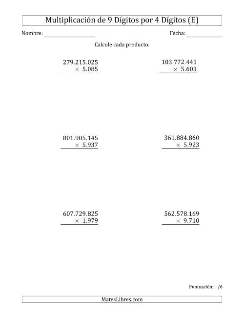 La hoja de ejercicios de Multiplicar Números de 9 Dígitos por 4 Dígitos Usando Puntos como Separadores de Millares (E)