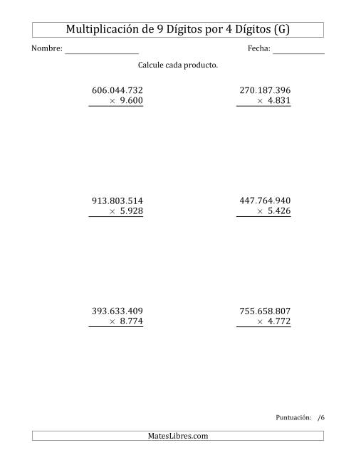 La hoja de ejercicios de Multiplicar Números de 9 Dígitos por 4 Dígitos Usando Puntos como Separadores de Millares (G)