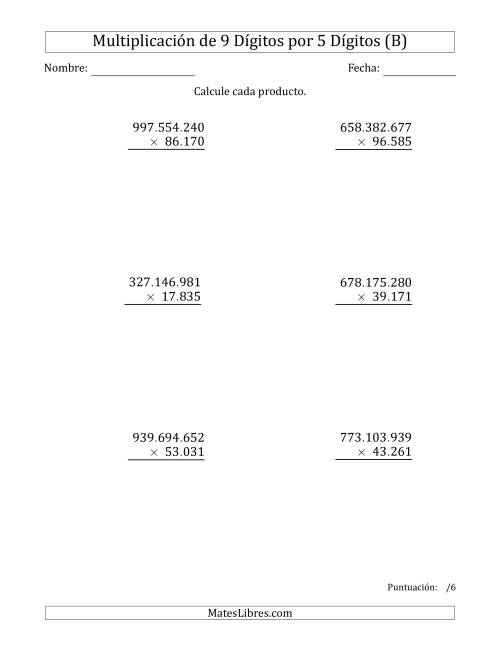 La hoja de ejercicios de Multiplicar Números de 9 Dígitos por 5 Dígitos Usando Puntos como Separadores de Millares (B)