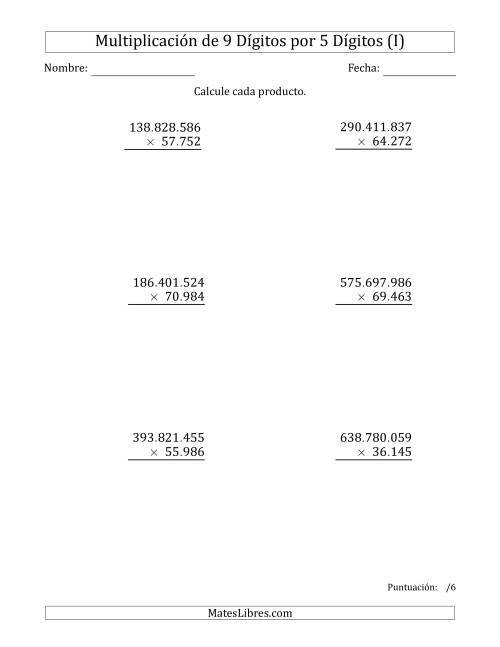 La hoja de ejercicios de Multiplicar Números de 9 Dígitos por 5 Dígitos Usando Puntos como Separadores de Millares (I)