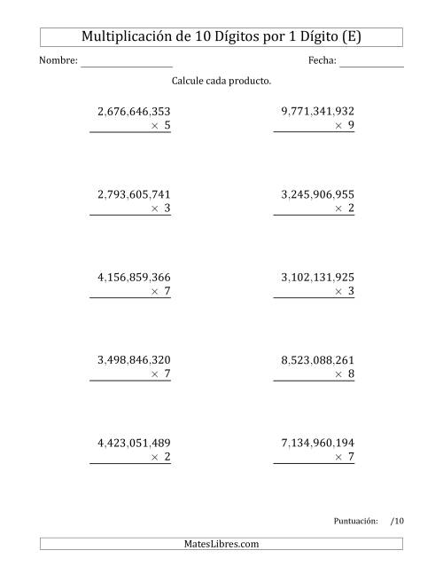 La hoja de ejercicios de Multiplicar Números de 10 Dígitos por 1 Dígito Usando Comas como Separadores de Millares (E)