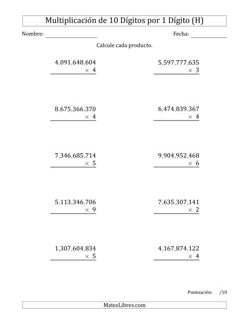 La hoja de ejercicios de Multiplicar Números de 10 Dígitos por 1 Dígito Usando Comas como Separadores de Millares (H)