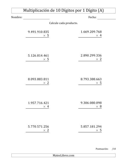 La hoja de ejercicios de Multiplicar Números de 10 Dígitos por 1 Dígito Usando Puntos como Separadores de Millares (A)