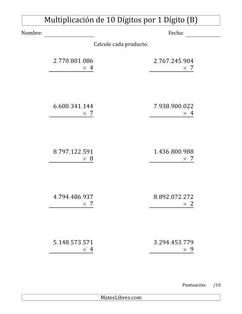La hoja de ejercicios de Multiplicar Números de 10 Dígitos por 1 Dígito Usando Puntos como Separadores de Millares (B)