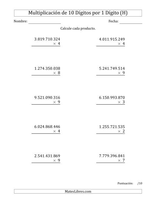 La hoja de ejercicios de Multiplicar Números de 10 Dígitos por 1 Dígito Usando Puntos como Separadores de Millares (H)