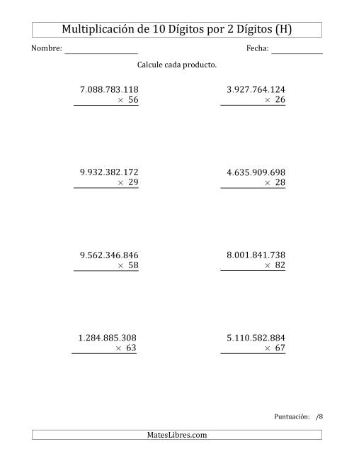 La hoja de ejercicios de Multiplicar Números de 10 Dígitos por 2 Dígitos Usando Puntos como Separadores de Millares (H)