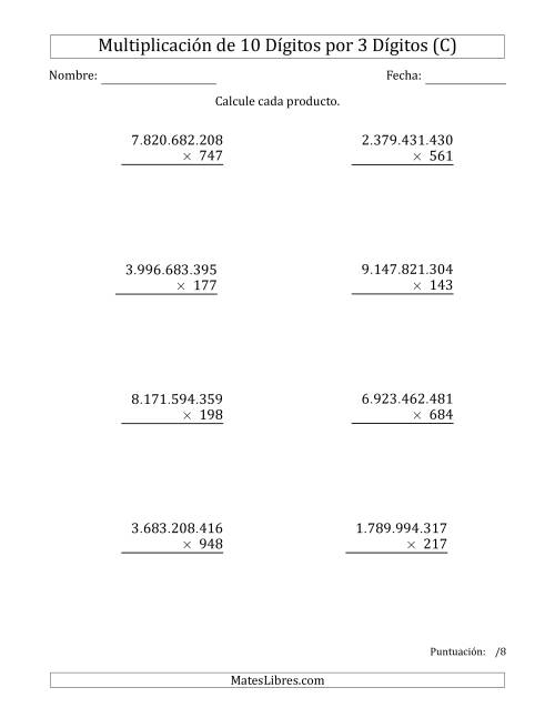 La hoja de ejercicios de Multiplicar Números de 10 Dígitos por 3 Dígitos Usando Puntos como Separadores de Millares (C)