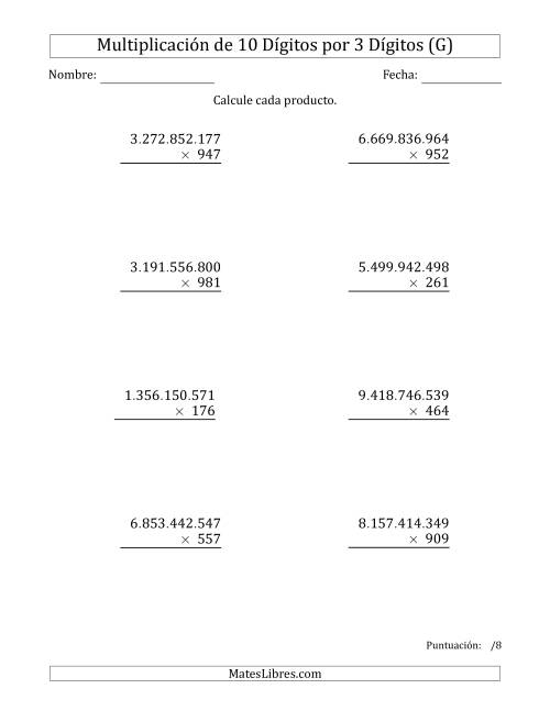 La hoja de ejercicios de Multiplicar Números de 10 Dígitos por 3 Dígitos Usando Puntos como Separadores de Millares (G)