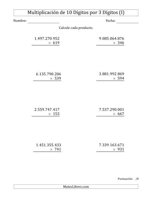 La hoja de ejercicios de Multiplicar Números de 10 Dígitos por 3 Dígitos Usando Puntos como Separadores de Millares (I)