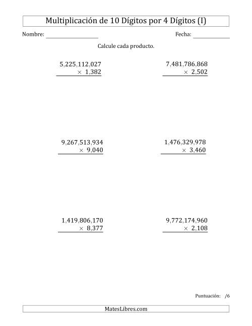 La hoja de ejercicios de Multiplicar Números de 10 Dígitos por 4 Dígitos Usando Comas como Separadores de Millares (I)