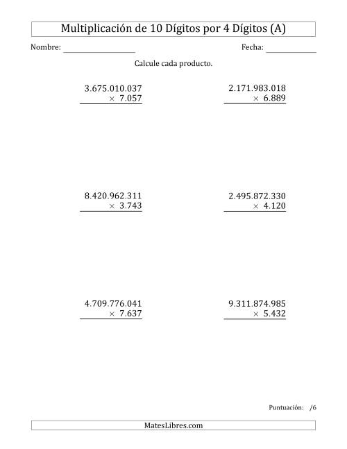 La hoja de ejercicios de Multiplicar Números de 10 Dígitos por 4 Dígitos Usando Puntos como Separadores de Millares (A)